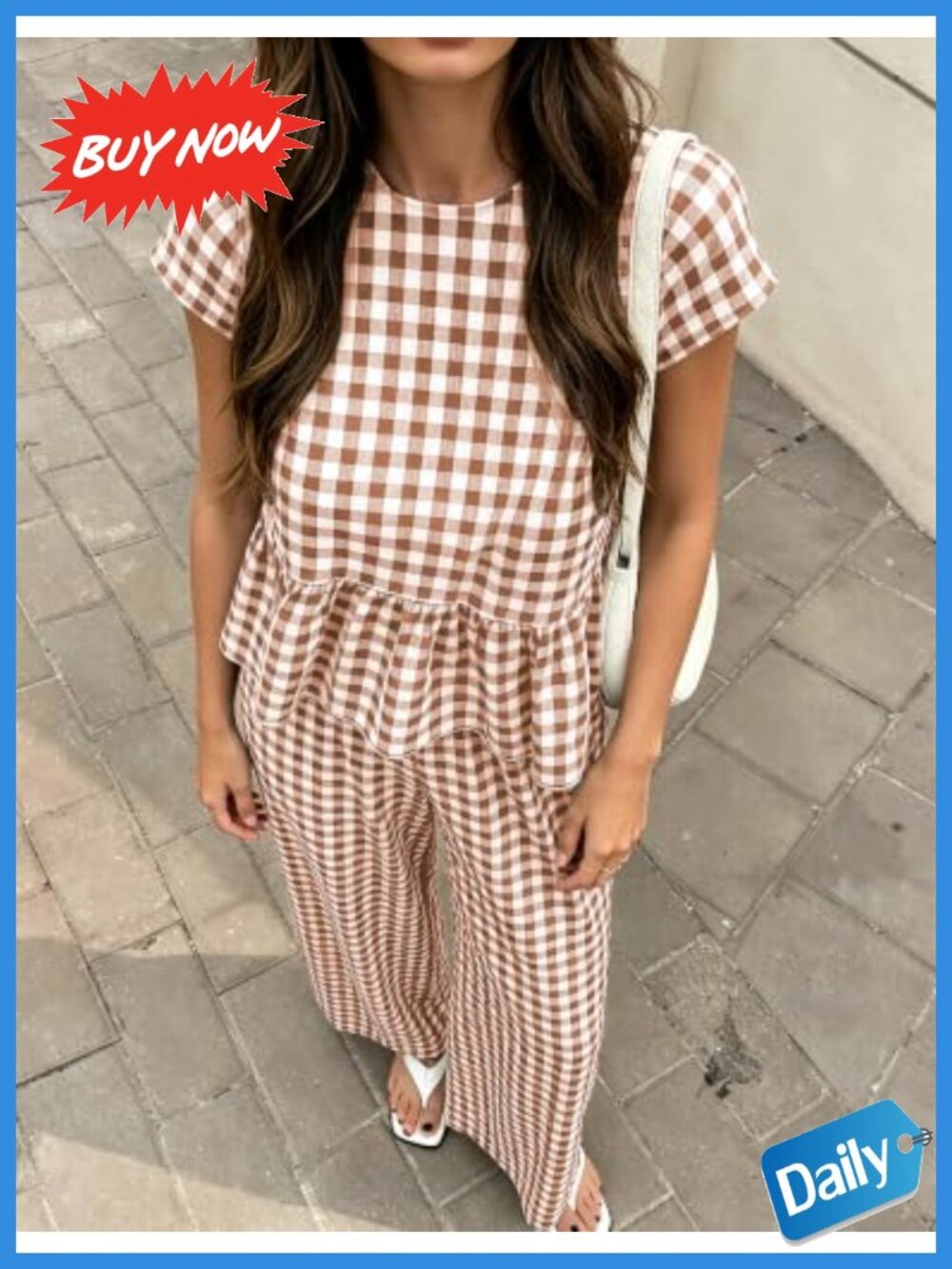 Gingham Plaid Two-Piece Set Ruffle Top Wide Leg Pants - Picture 2 of 4